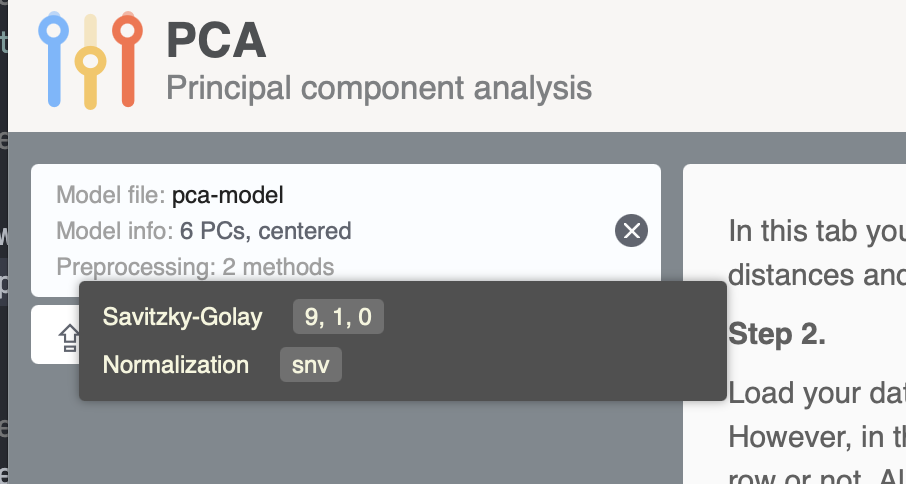 Screenshot with PCA model loaded to mda.tools/pca